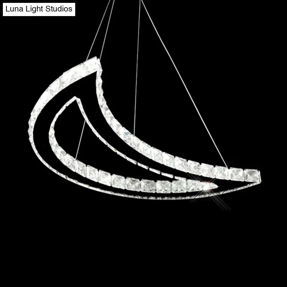 Crystal Block Crescent Ceiling Lamp: Simplicity Stainless-Steel LED Pendant Chandelier in Warm/White Light
