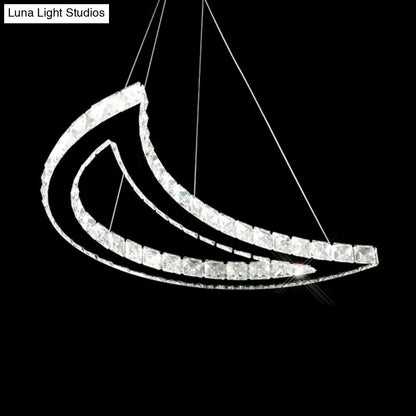 Crystal Block Crescent Ceiling Lamp: Simplicity Stainless-Steel LED Pendant Chandelier in Warm/White Light