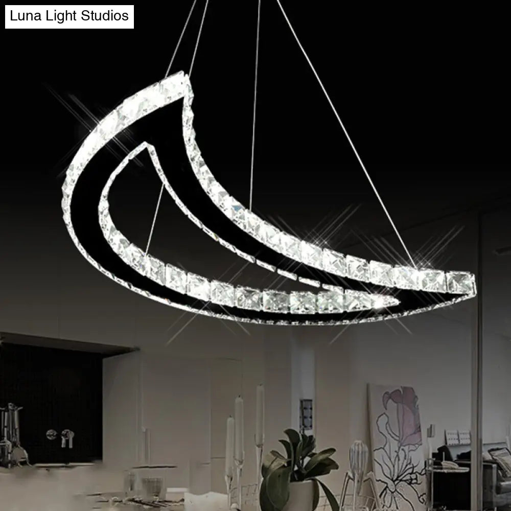 Crystal Block Crescent Ceiling Lamp: Simplicity Stainless-Steel LED Pendant Chandelier in Warm/White Light