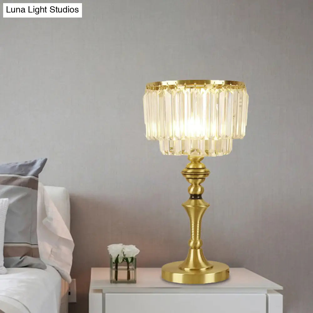 Crystal Block LED Nightstand Lamp - Elegant Brass Bedside Table Light