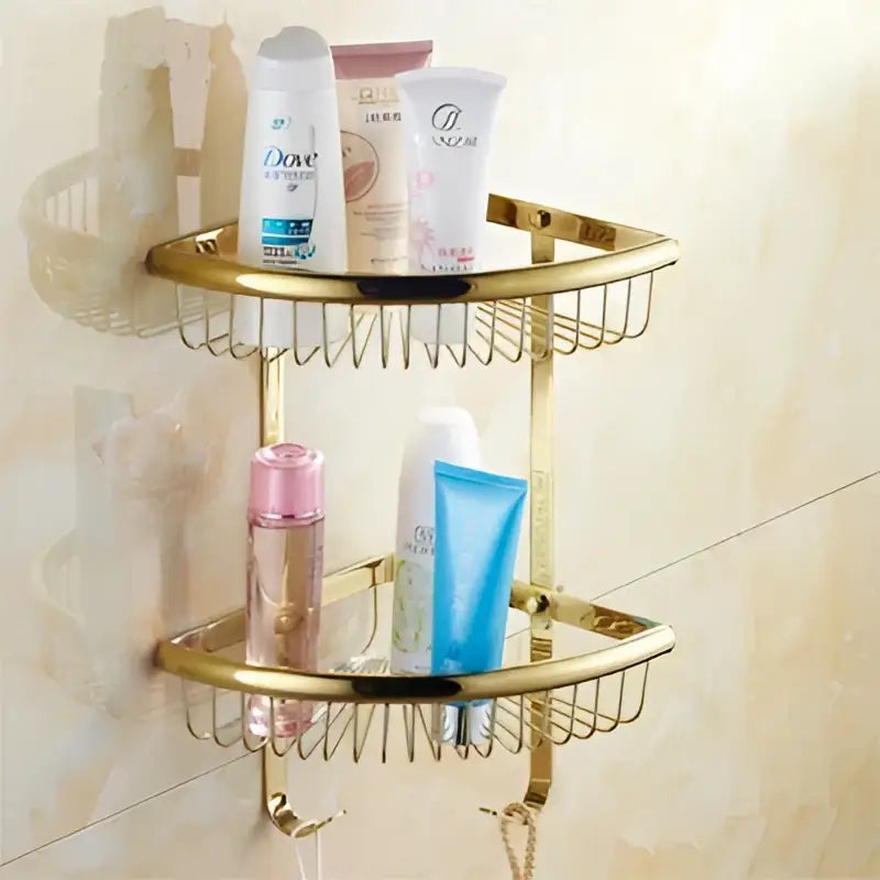 Gold-colored crystal bathroom accessories double-tiered wire mesh shelf from decorbites brass bathroom accessories set