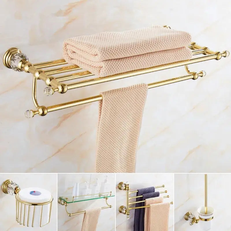 Gold-colored crystal bathroom accessories set towel rack with brass and crystal accents for holding folded and hanging towels