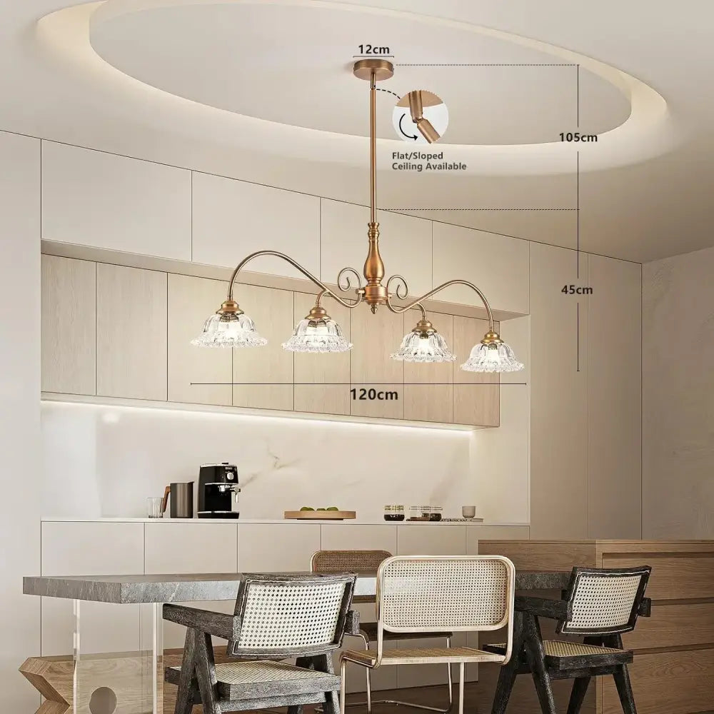 Antique brass glass pendant chandelier with four crystal shades and ornate curved arms for kitchen decorbites brass glass