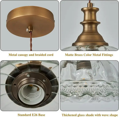 Matte brass crystal brass glass pendant chandelier with thickened wave-shaped glass shade for kitchen decorbites brass glass