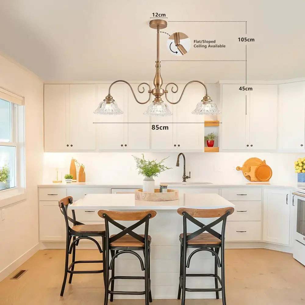 Brass glass pendant chandelier with three crystal glass shades and ornate curved arms for kitchen decorbites brass glass