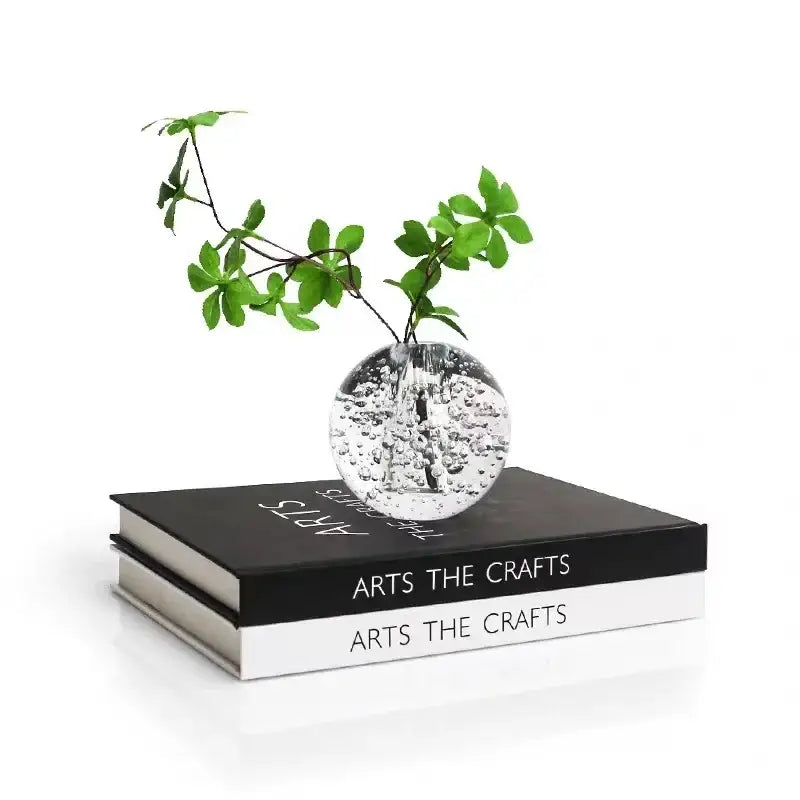 Clear glass decorbites crystal bubble ball vase with embedded bubbles holding green leafy branch for desk decor