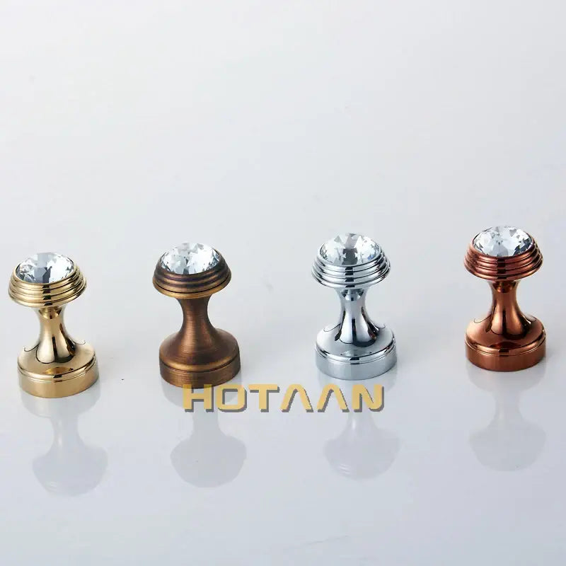 Four metallic cabinet knobs with faceted crystal gems in gold, bronze, silver, and copper for decorbites crystal chrome wall hook set
