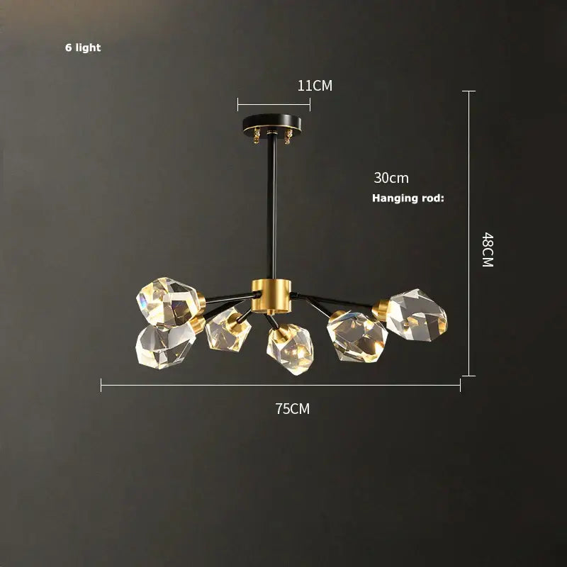 Modern crystal copper chandelier lighting with six crystal fixtures and black and gold metal arms for dining room decorbites