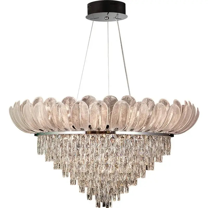 A modern decorbites crystal crown chandelier with circular translucent petals and clear crystal prisms for living room decor