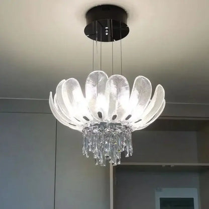 Decorbites crystal crown tiered glass chandelier with petal design and crystal droplets for living room decor