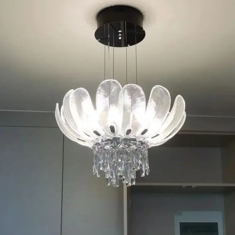 Decorbites crystal crown tiered glass chandelier with petal design and crystal droplets for living room decor