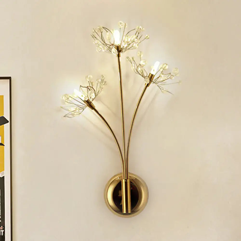 Gold-toned crystal dandelion 3-light wall sconce with sparkling clusters for living room 110v-120v lighting