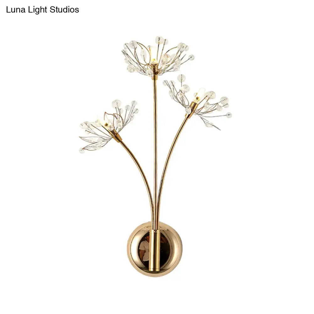 Gold-toned crystal dandelion 3-light wall sconce with flower-like arms and beads for living room 110v-120v lighting