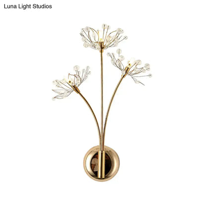 Gold-toned crystal dandelion 3-light wall sconce with flower-like arms and beads for living room 110v-120v lighting