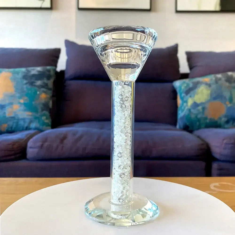 Clear glass candle holder with fluted top and faceted base filled with white beads by decorbites crystal diamond glass