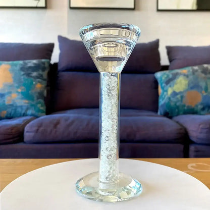 Clear glass candle holder with fluted top and faceted base filled with white beads by decorbites crystal diamond glass