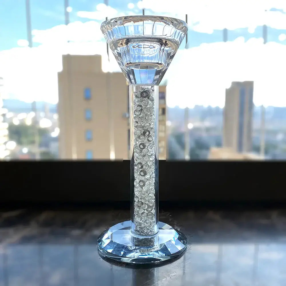 Clear crystal diamond glass candle holder with faceted fluted top and base filled with sparkling silver beads for decorbites decor