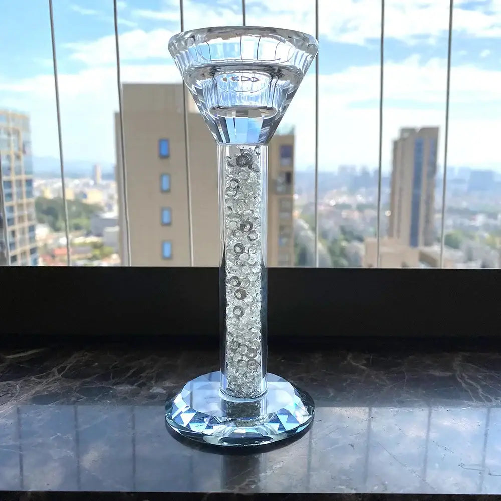 Clear crystal diamond glass candle holder with a fluted rim and white bead inlay for elegant decorbites decor