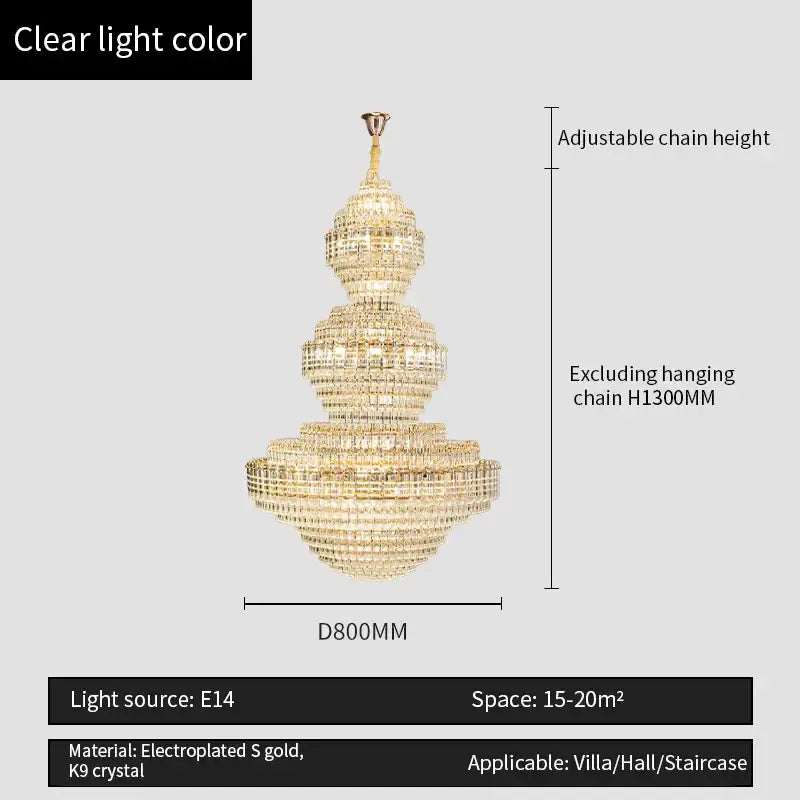 Gold electroplated decorbites crystal duplex chandelier with multi-tiered k9 crystals for elegant hotel lobby lighting