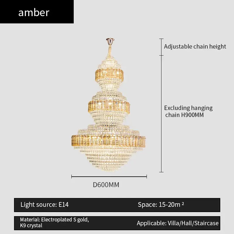 Amber brand decorbites crystal duplex chandelier gold tiered light with electroplated s gold and k9 crystal for hotel lobby