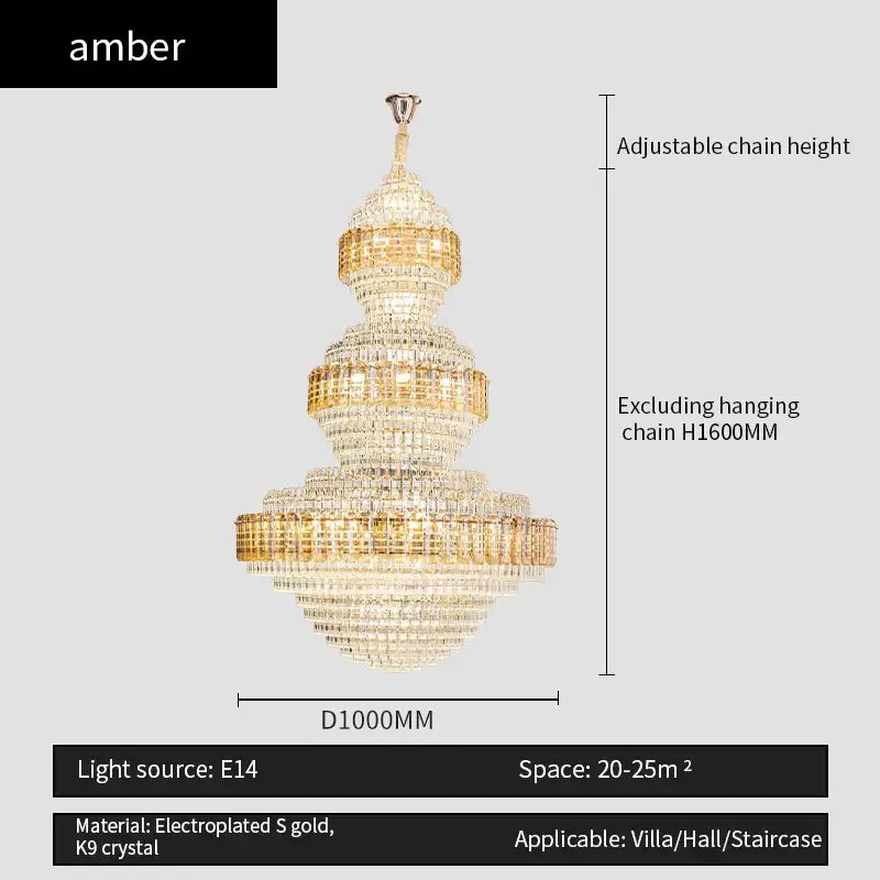 Amber brand decorbites crystal duplex chandelier with gold electroplated tiers and k9 crystal for hotel lobby decor
