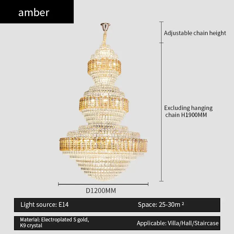 Amber brand decorbites crystal duplex chandelier with tiered gold electroplated k9 crystal for hotel lobby decor