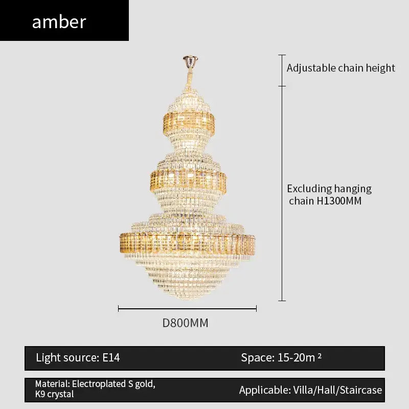 Amber brand decorbites crystal duplex chandelier with tiered electroplated gold and k9 crystal for hotel lobby decor