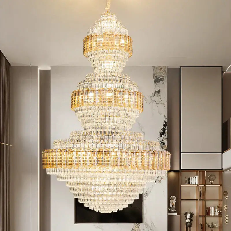 Crystal duplex chandelier by decorbites featuring gold-toned accents and cascading clear crystals for hotel lobby decor