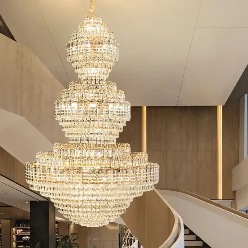 Decorbites crystal duplex chandelier gold tiered light with clear faceted crystals for elegant hotel lobby decor