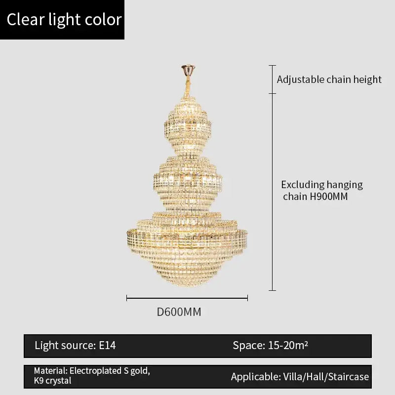 Crystal duplex chandelier gold tiered light with electroplated frame and k9 crystals for elegant villa or hall decorbites crystal duplex