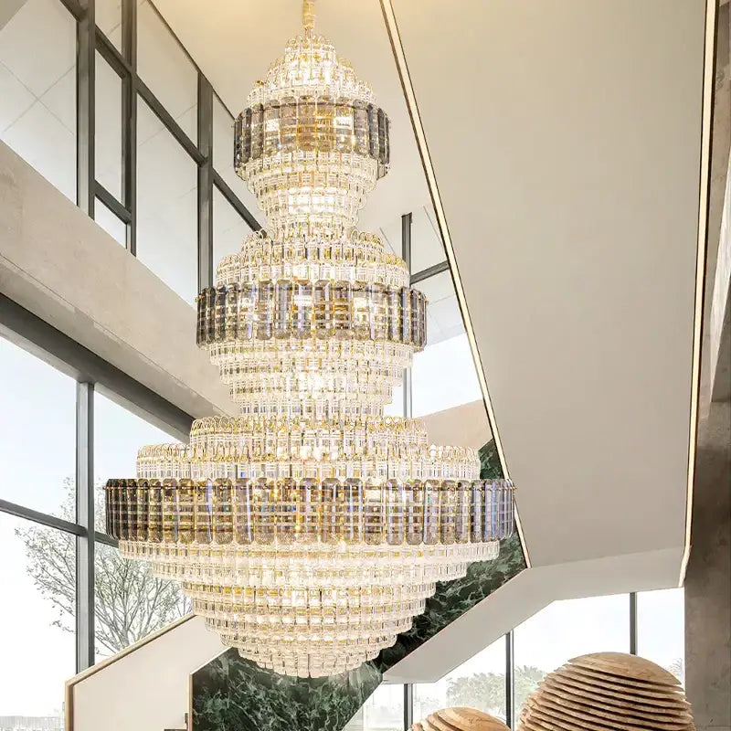 Elegant decorbites crystal duplex chandelier with gold tiered clear glass elements for hotel lobby lighting decor