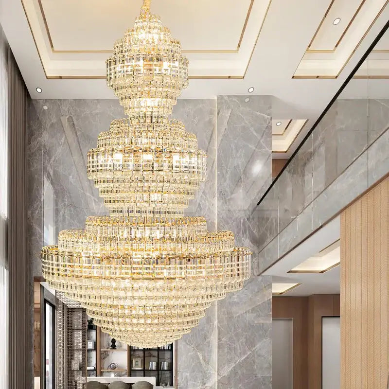 Crystal duplex chandelier with golden frame and cascading clear and amber crystals for hotel lobby decorbites crystal duplex