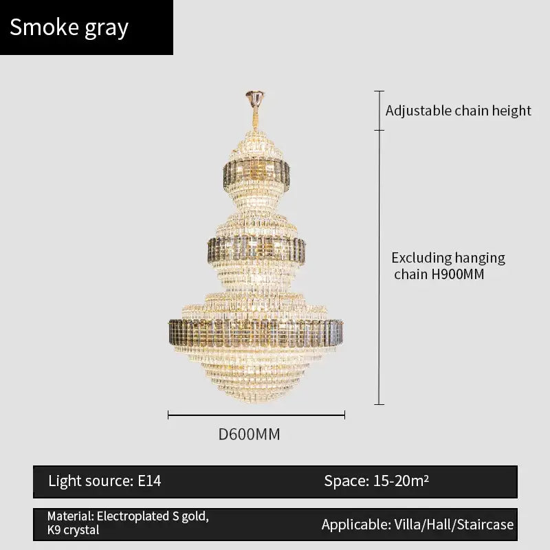Smoke gray tiered decorbites crystal duplex chandelier with electroplated gold and k9 crystal accents for hotel lobby