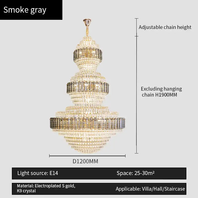 Smoke gray decorbites crystal duplex chandelier with gold electroplated tiers and k9 crystal for hotel lobby lighting