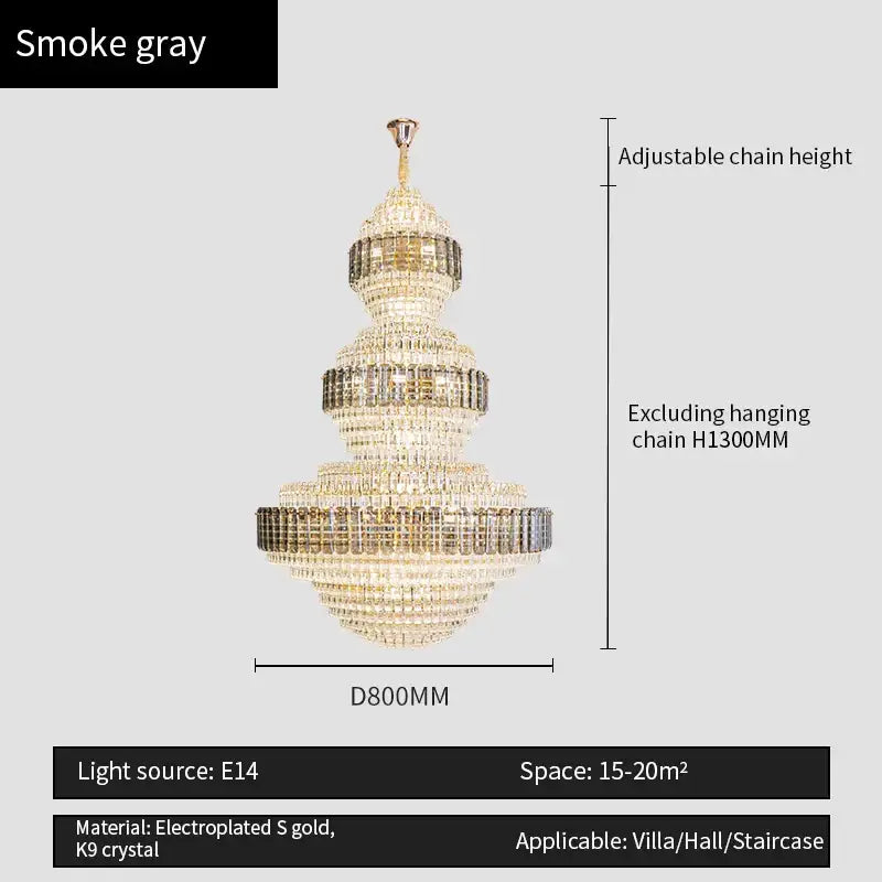Smoke gray tiered decorbites crystal duplex chandelier with electroplated gold and k9 crystal accents for hotel lobby