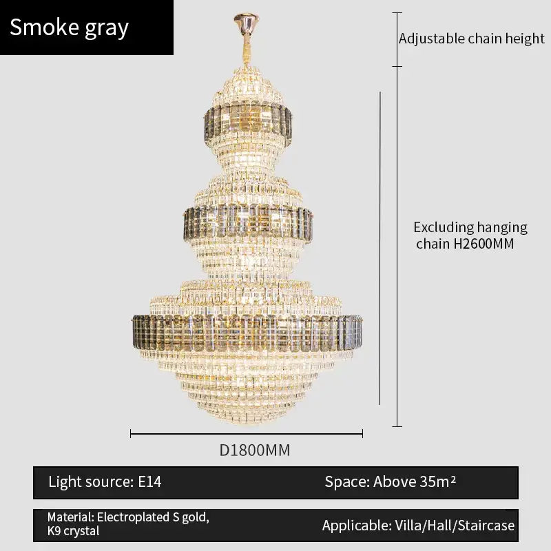 Smoke gray tiered decorbites crystal duplex chandelier with electroplated gold and k9 crystal for hotel lobby decor