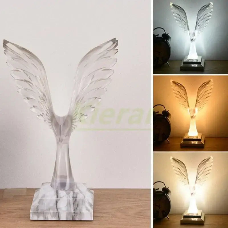 Crystal eagle led table lamp with clear acrylic angel wings, marble-patterned base, and adjustable warm white LED lighting