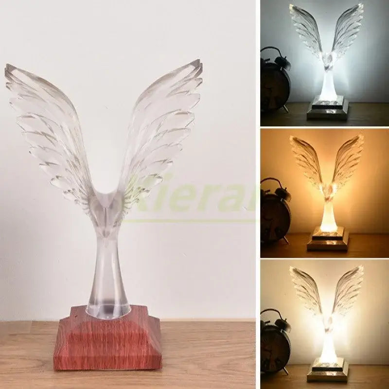 Clear acrylic crystal eagle led table lamp with translucent wings and wooden base for bedroom decorbites crystal eagle
