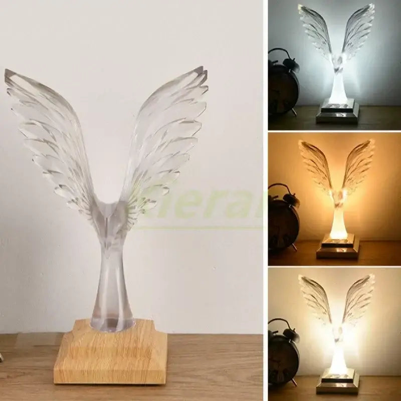 Clear acrylic angel wing crystal eagle led table lamp with wooden base for bedroom decorbites crystal eagle use
