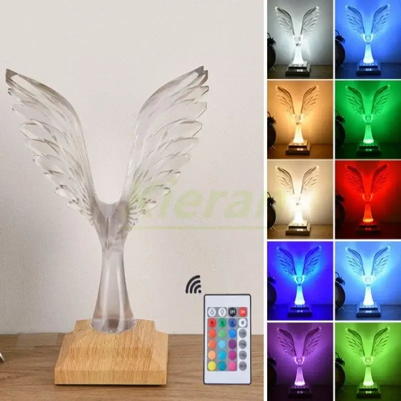 Clear acrylic crystal eagle led table lamp with translucent wings and wood base illuminated by remote controlled led lights