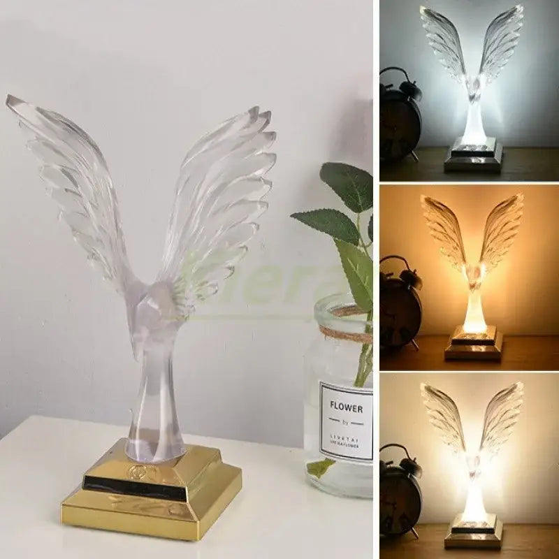 Crystal eagle led table lamp with clear crystal angel figurine and illuminated wings on gold wood base for bedroom decorbites