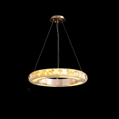 Crystal-Embedded LED Chandelier Ring Pendant Light for Living Room with Gold Finish