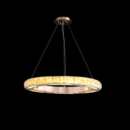 Crystal-Embedded LED Chandelier Ring Pendant Light for Living Room with Gold Finish