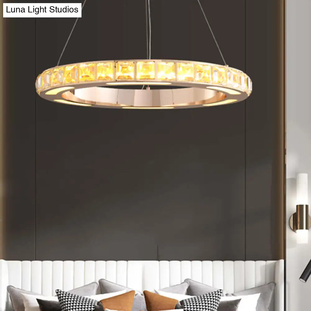 Crystal-Embedded LED Chandelier Ring Pendant Light for Living Room with Gold Finish