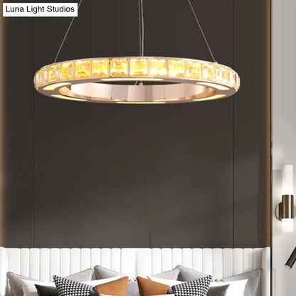 Crystal-Embedded LED Chandelier Ring Pendant Light for Living Room with Gold Finish