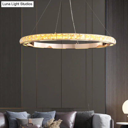 Crystal-Embedded LED Chandelier Ring Pendant Light for Living Room with Gold Finish