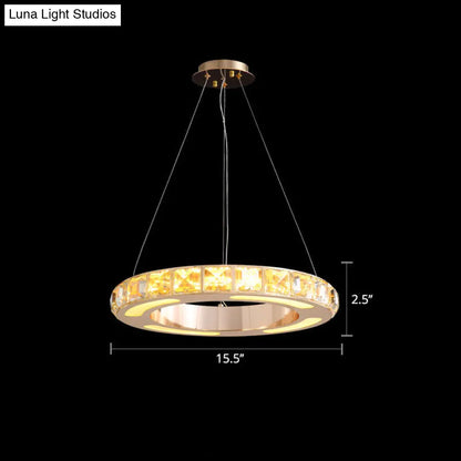 Crystal-Embedded LED Chandelier Ring Pendant Light for Living Room with Gold Finish