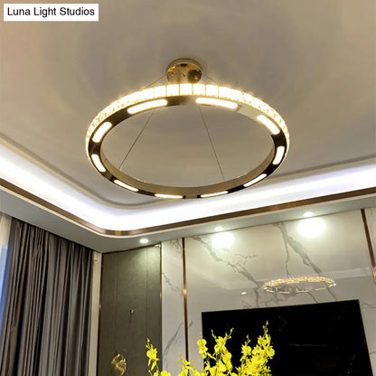 Crystal-Embedded LED Chandelier Ring Pendant Light for Living Room with Gold Finish