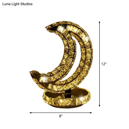 مصباح ليلي LED مرصع بالكريستال بإضاءة دافئة/بيضاء - تصميم هلالي/دائري/قلب - مصباح طاولة رومانسي وعصري