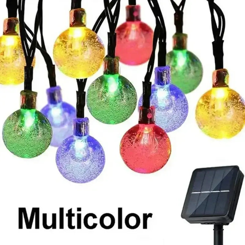 Multicolor ice globe fairy solar string lights with frosted glass bulbs and solar-powered base for warm yellow decorbites crystal fairy patio decor